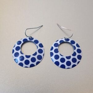 Blue Polka Dot Metal Hoop Earrings